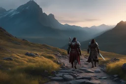 A panoramic, cinematic film still capturing Griz, a imposing female half-orc cleric, and a stoic male grey Ranger walking side-by-side on a rugged highland path at dusk. The scene is shot on 75mm Technicolor, Panavision, and presented in Cinemascope (2.35:1) with sharp focus, fine details, and an 8k HDR realistic texture. Griz (left) has greenish skin marked by visible ritual scars, intelligent burning yellow eyes, and an intense expression as she speaks softly. She wears sturdy fur boots, dark