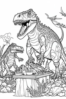 A coloring page, white background Show a T-Rex family coming together for a communal meal, with the parents and offspring sharing food and interacting with each other around a large carcass.. ink drawing clipart, simple line illustrations, colored