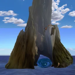 a giant hollow tree trunk emerging from the ocean, a whirlpool in the ocean