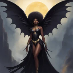 In an ethereal realm, an Afro-American harpy stands proudly, clad in a dark costume that clings to her skin like a second layer. Her wings, resembling those of a bat, flutter gracefully behind her, adding a touch of mystery to her imposing presence. From her perch on high, she gazes down at the world with a mocking smirk, her piercing eyes scanning the distant horizons.