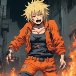 [Dorohedoro] Nikaido kicks and does magic in orange overalls, she stand up and she is dangerous. She is in Hell