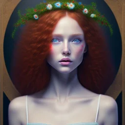 Perfect flawless Beautiful red-haired girl with gorgeous long curly hair and blue eyes in a wreath of hyper-realistic Rowan on her head, no mistakes, flawless painting, beautiful art, realistic, hyper-realistic, life-like; by Ricardo Chavez-Mendez; Deep Colors; 8K