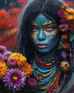 Vibrant autumn foliage in a rain-kissed setting, Ikebana arrangement, Haiku poetry inspiration, Japanese garden elements, autumn asters, Utagawa Hiroshige essence, Isaac Levitan influence, woman with dark skin, tribal markings, mysterious expression, piercing eyes, flowing black hair, colorful beads, layered textiles, bright hues, ornate jewelry, cultural richness, dark, blurred backdrop, GoBi, Наталья И-ва.Mystical character with pale blue scaly skin, icy green eyes, dark eyeliner, cascading da