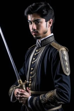 young european black hair adult royal guard swordsman with rapier