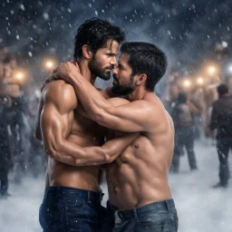 Hyper realistic shirtless muscular shahid kapoor hugging Mark Wahlberg at snowfall night