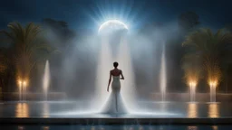 moonlight, sparkling fountains, recreation, relaxation, luxury, magnificent, showers, glistening water spray, charismatic people, exposed, dream world, calm beauty, symmetry, fantasy world, magic, splendor, ecstatic, uplifting, inspiring, therapeutic, chiaroscuro, color, award-winning colour photograph, beautiful composition, exquisite detail, Nikon 135mm