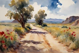 Sunny day, clouds, dirt road, flowers, mountains, big rocks, trees, sci-fi, john singer sargent watercolor paintings