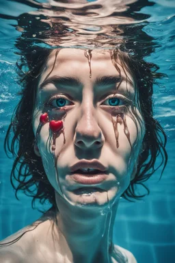 Artwork of t-shirt, Wide angle, half of face on water surface of a woman eyes are full of tears in swimming pool. Broken heart, sadness, down deep