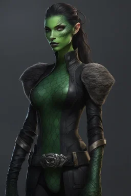 female snake humanoid, green scales, wearing a black leather armor, dungeons and dragons