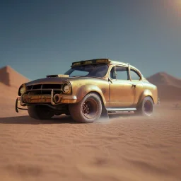 3d rendering. Steampunk futuristic yellow car. Buried in desert sand. Lost in Time, dramatic lighting, hyper realistic, cinematic lighting