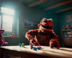 room scene with a big muppet monster, realistic photo, with toys, concept art, minimal style, smooth, unreal engine 5, god lights, ray tracing, RTX, lumen lighting, ultra detail, volumetric lighting, 3d.