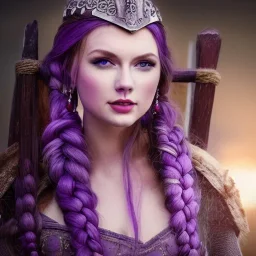 beautiful viking queen with purple armor, delicate purple braided hair, white flowing dress, highly detailed, 8k, ambient light, atmospheric lighting, taylor swift