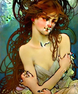 Realistic detailed face portrait of a beautiful young woman top model in short open dress. by alphonse mucha, ayami kojima, greg hildebrandt, sensual female, volumetric lighting, Unreal Engine 5,3D Animation Quality, Octane Rendering. A masterpiece