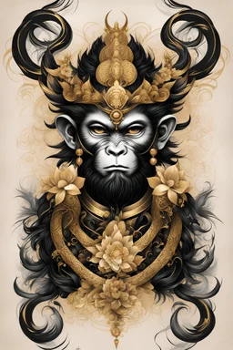 Create a captivating modern 2d black and gold ink tattoo design for print , prestigious Divine Monkey King using the elegant influences of japan art style, for print, dynamic elements from fashion and design, and bold Japanese contemporary art aesthetics, framing centered in the center, distanced from the edges of the paper perimeter, perfect anatomy, bauhaus, Divine Proportion,
