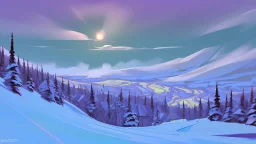 Fantasy cartoon style: view down the ski slope from the top of the hill, snow is sparkling