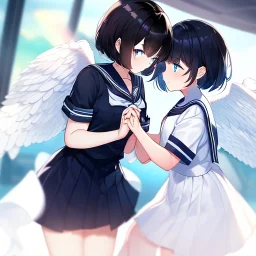 Clear focus,High resolution, Black short fluffy hair, and blue eyes, wearing a sailor uniform, must wear a short skirt, Blushing, Holding another girls hand, angel and devil