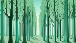 A mint colored forest with warped trees painted by Rene Magritte