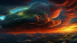 Vista desde arriba de un alienígena en primer plano, una puesta de sol asombrosa, increíble, impactante y tremendamente detallada, ganadora de premios, una obra maestra de proporciones épicas, ilustración digital, composición única, arte conceptual complejo en resolución 8k HDR, acentos de color profundos que complementan esta refinada interacción de colores, iluminación dinámica, nubes de tormenta cúmulos nimbus 8k por Greg Rutkowski