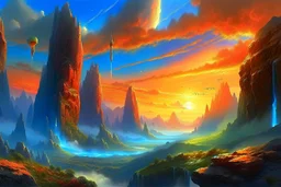 A fantasy painting of mysterious anomalies in the sky surrounded by hovering rocks, a beautiful landscape in the style of Michael Whelan, energy surge, serene countryside, lush forests, soaring mountains, impressive detail, sunset, high resolution, 4K, 8K, masterpiece