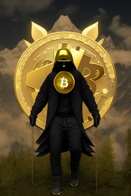 running berserker portrait , no face, black jogging suite , in the night Alps , holding bitcoin , angels background, volumetric gold light, high detail, dark leaf tree, dark mountains in background, perfect