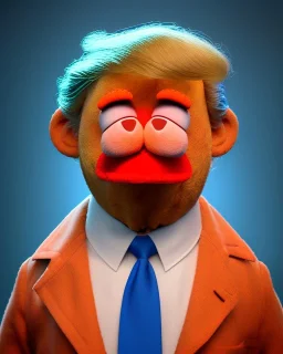 Waist up Portrait, Donald trump muppet, Sesame Street style, retro style, photo studio, blue background, unreal engine 5, god lights, ray tracing, RTX, lumen lighting, ultra detail, volumetric lighting, 3d.