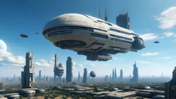 A small, wide, squat Spaceship hovering in a ruined alien city, surrounded by tall damaged buildings, clear blue sky, small white clouds, photorealistic