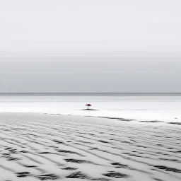 A captivating hyper minimalist photograph of a barren snow-covered field on a grey day. The overall color palette is muted. In the distance there is a single red beach umbrella in ground. The field stretches out in a long view creating a sense of isolation and desolation.