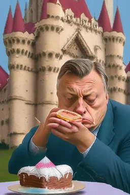 sad viktor orban eating cake in a castle