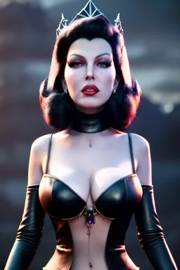 Lana Turner as evil queen in black leather, leather, busty, cleavage, angry, stern look. character design by cory loftis, fenghua zhong, ryohei hase, ismail inceoglu and ruan jia. unreal engine 5, artistic lighting, highly detailed, photorealistic, fantasy