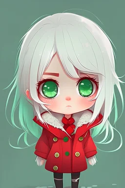 Chibi girl with white hair and small size red coat green eyes