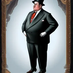 A 1930s Italian-American businessman in his 20s with a tight fitting bowler hat and a tattered suit. He is obese and has a sad expression on his face. He is facing the screen.