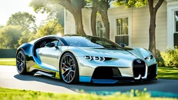A sleek (((a fusion of bmw and bugatti chiron))), its glossy shell reflecting the (((bright sun))), cutting through a (((clear bright blue morning sky)))