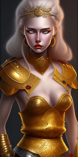 lady warrior with gold short top and flower