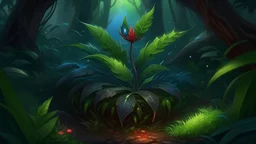 On their exciting journey into the depths of the forest, the Explorers are surprised by an enchanting and unique sight. Among the trees of the dense forest, they discover an exotic and beautiful plant growing in eye-catching colors. This rare plant appears like a sparkling jewel in the heart of darkness. A little light sneaks in from between the trees to highlight the leaves of the plant, which shimmer in various shades of brilliant green and blue. The unique leaf design reflects the uniqueness