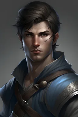 DND toned handsome male assassin, with short dark brown hair, peachy skin and blue eyes