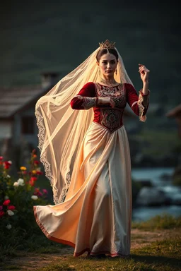 A full-body cinematic photograph of a graceful Azerbaijani woman performing a traditional national dance. She wears an intricately embroidered velvet bodice and a flowing long silk skirt. On her head is a small ornate traditional crown with a long, translucent white lace veil flowing elegantly behind her. She stands in a poised, elegant dance pose in a pretty country side village with dramatic professional spotlighting. next to river flowers