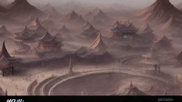 ancient, fantasy, chinese town, dune, crater, sand strom, destroyed chinese houses