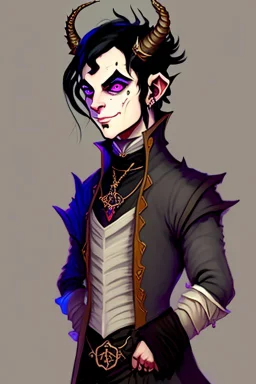 Young tiefling nobleman alchemist with black hair horns and large reptilian tail gothic jewelry and potion bottles in the style of Charles Addams