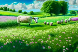 bucolic English countryside, peaceful sheep grazing in bright green grass, tiny colorful wildflowers Modifiers: extremely detailed bright studio setting 8k rose tones oil on canvas very attractive beautiful