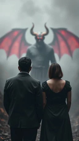 A man and a woman setting facing the front and a blurry ghostly vision of the devil standing behind