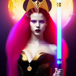 Attractive young teenage girl with golden fire red hair wearing a galactic tiara, who is dressed like a witch casting a spell holding a quarterstaff, she has cat ears and open dazzling blue eyes, background is realistic space with a moon, the girl is on a planet, black goth girl dress, full body portrait, arm colors gradient effect into stars, rendered, unity 3d, unreal engine, dslr, hdr, 4k, edited, photorealistic, normal number of appendages, freckles, artists render