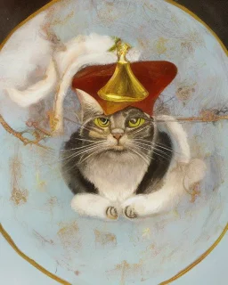 painting of a cat wearing a witch hat sitting in an occult circle, fantasy, sigils, runes, high def, high detail, very high detail, center