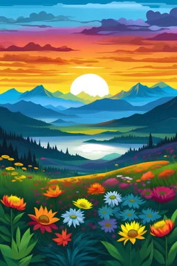 landscape with a sunrise and mountains, with colorful flowers at the bottom