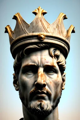 Ultra Realistic image, Roman sculpture, white marble material, Lionel Messi, gold Laurel leaves wreath, renaissance ornaments, one gold star in heart, sun ornament, sun rays background, chisel style, waist up portrait, emperor style, epic, celestial, cinematic lighting, God light, god rays, 4k resolution, smooth details, ornate details, soft lighting, unreal engine 5, art station, substance 3d.