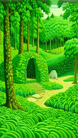 Lime green woods with a bear cave designed in Navajo baskets painted by Grant Wood