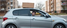 carton person stuck in a flat car