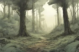 clearing forest,overgrown, post-apocalyptic, comic book, cinematic