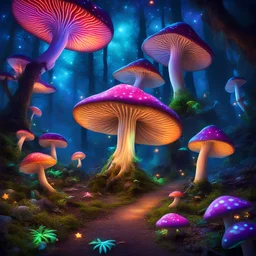 Magic mushrooms in a mysterious forest, colorful fairies, psychedelic night, beautiful stars, high resolution, fluorescent colors, house, dance floor