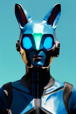 Medium Close Up Portrait, Front image. cyberpunk, rabbit mask, Italian woman, cyan short hair. latex, carbon suit. Cyan, black, blue, color. Akira style. Color background, photo studio. Avatar image, highly detailed, concept art, smooth, unreal engine 5, god rays, ray tracing, RTX, lumen lighting, ultra detail, volumetric lighting, 3d, finely drawn, high definition, high resolution.