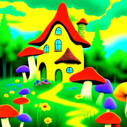 A colorful and whimsical digital painting depicting a magical house from fairy tales nestled in a landscape of lush forest and vegetation. The Fairytale House has a vibrant yellow exterior with a red roof, surrounded by a field of mushrooms, yellow poppies, violets, anemones and other wildflowers and statues of gnomes and fairies. In the background, a stormy sky with dark clouds creates a dramatic contrast. A small stream flows in the foreground, adding to the peaceful and picturesque scene